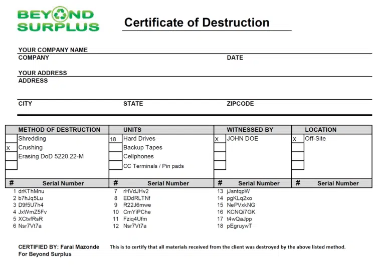 Certificate of Destruction