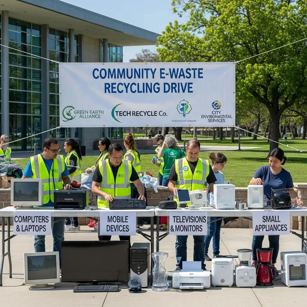 Volunteers assisting at an organized e-waste collection event, with clear signage and community participation