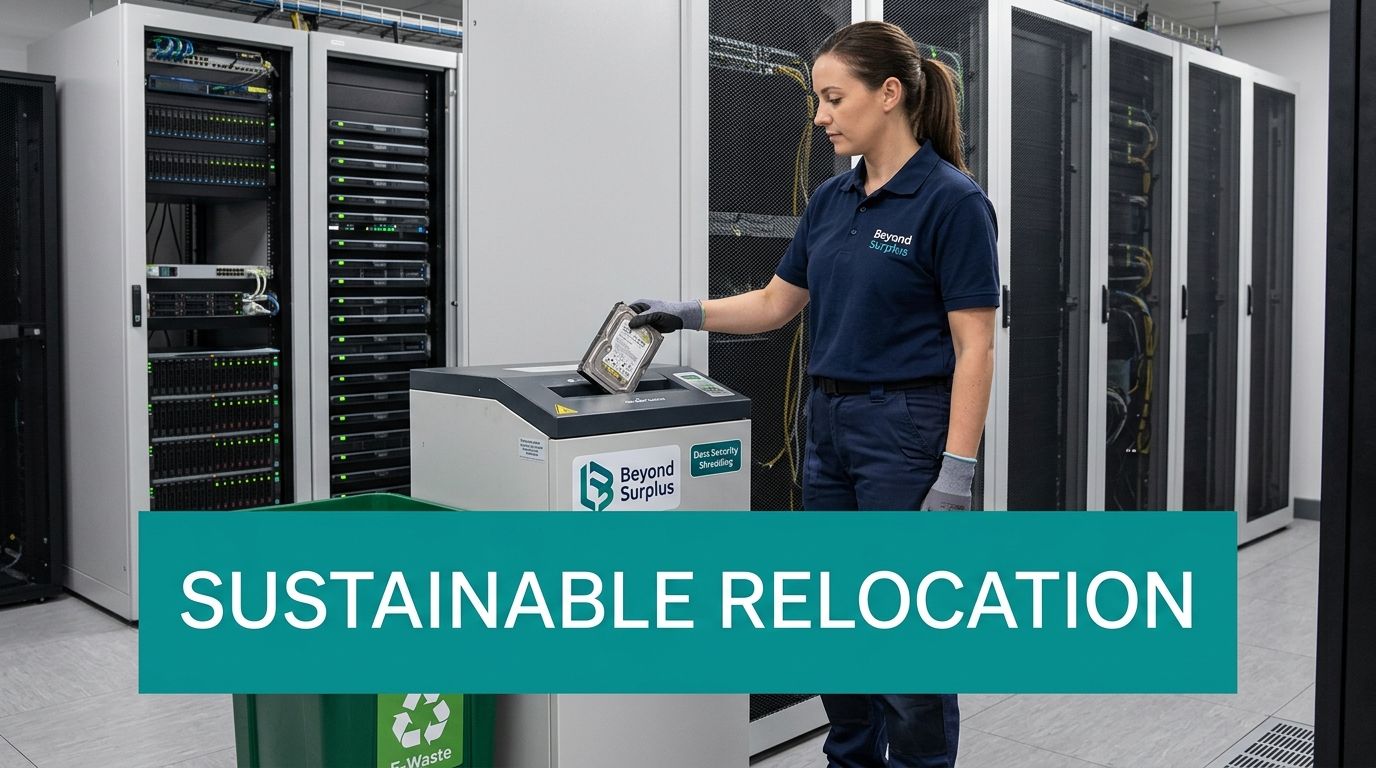 A professional technician from Beyond Surplus securely shreds an old hard drive in a data center environment.