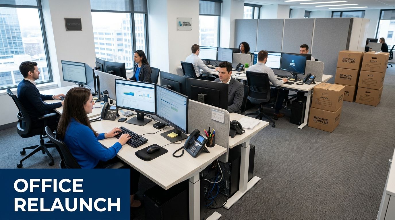 Employees working at their desks in a modern office environment with stacked cardboard boxes nearby.